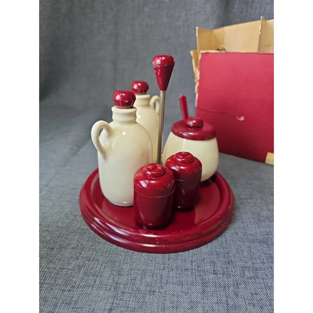 Vintage Carvanite Mid Century Classic Maroon Ceramic & Plastic Condiment Set